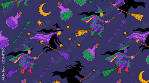 Seamless pattern with cute witches flying on brooms, magic potions, and stars on a dark purple background