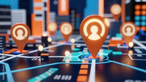 Glowing User Location Pins in a 3D Urban Environment Illustration