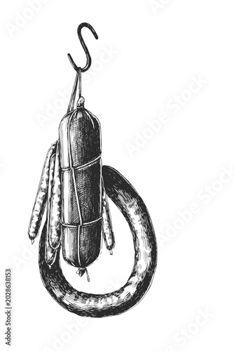 Vintage Hanging Sausages Vector Hand Drawn Ink Illustration Cellar Meat Bundle with S-Hook