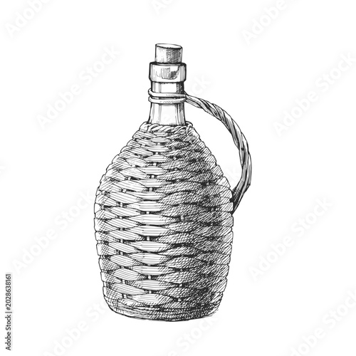Photos Vintage Demijohn Bottle Vector Hand Drawn Ink Illustration Wicker Basket Woven C