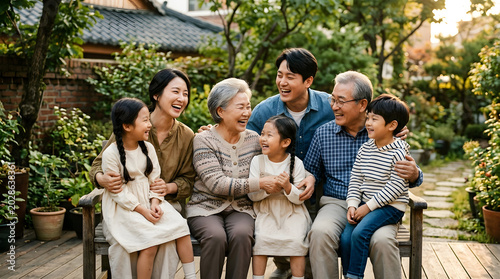 Happy multi-generational family sitting together outdoors