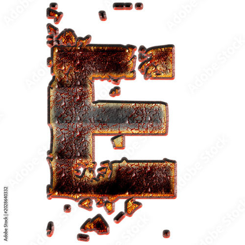 Bilde på lerret 3D burnished metal letter E with fire magma and rust texture isolated on transpa