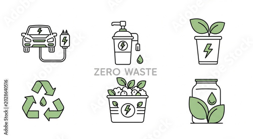 Eco friendly icons depict a car, recycling symbol, and plants in a sustainable zero waste environment with green leaves and energy symbols.