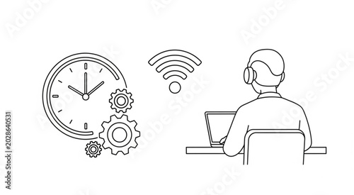 A person in a headset works on a laptop with a clock and gears nearby showing WiFi signal