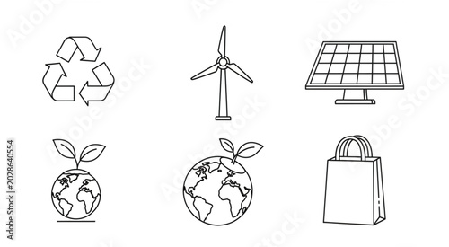 Eco friendly icons show recycling symbol, wind turbine, solar panel, growing plants on Earth and shopping bag.