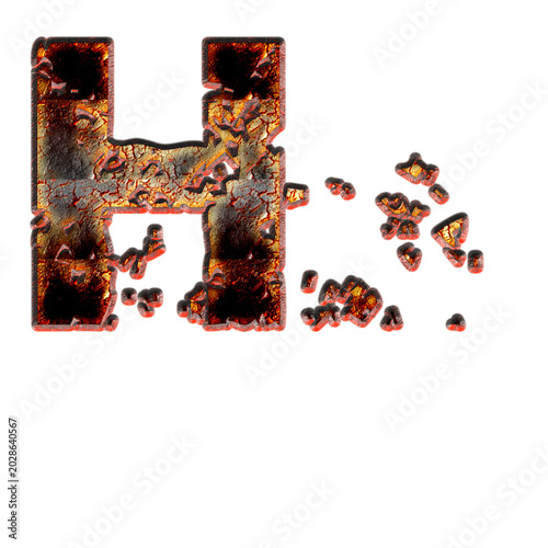 Billede på lærred 3D burnished metal letter H with fire magma and rust texture isolated on transpa