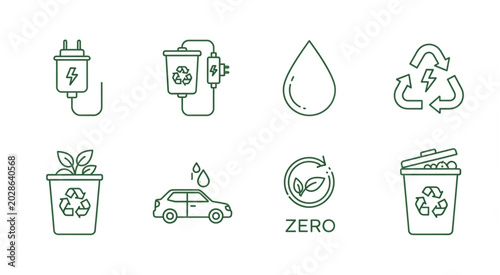 Eco icons illustrate sustainability with green lines on white background