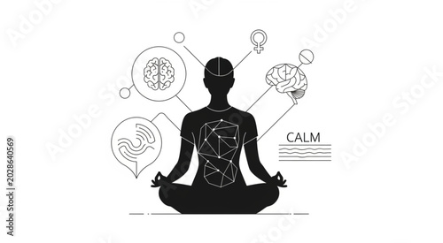 Person meditating in calm environment with brain and thought illustrations around.