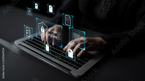 Принти на полотні Digital security concept showing a user accessing a laptop with overlays of lock icons and data protection symbols for cybersecurity themes Quark