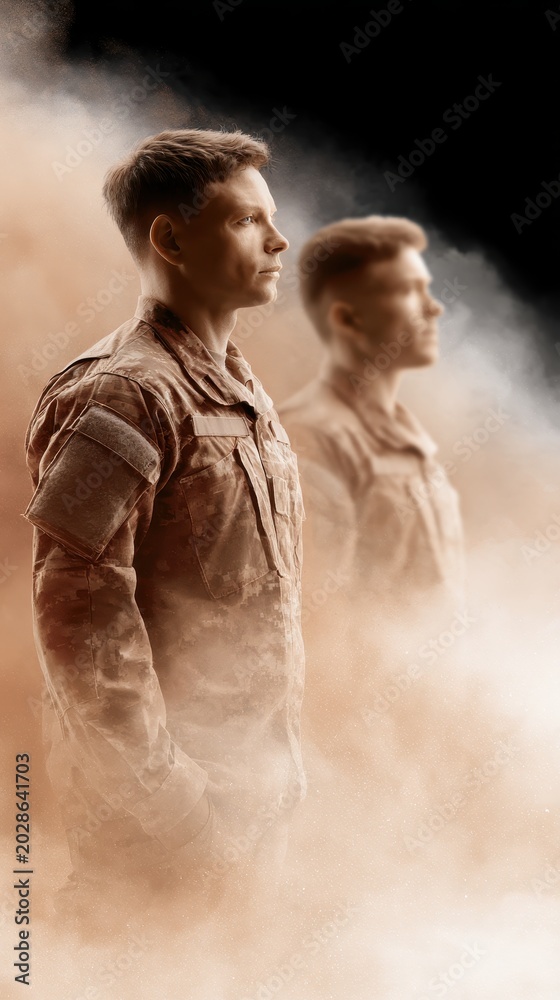 Fototapeta premium Silhouettes of soldiers standing in smoke and dramatic light, military operation concept, security and defense theme.