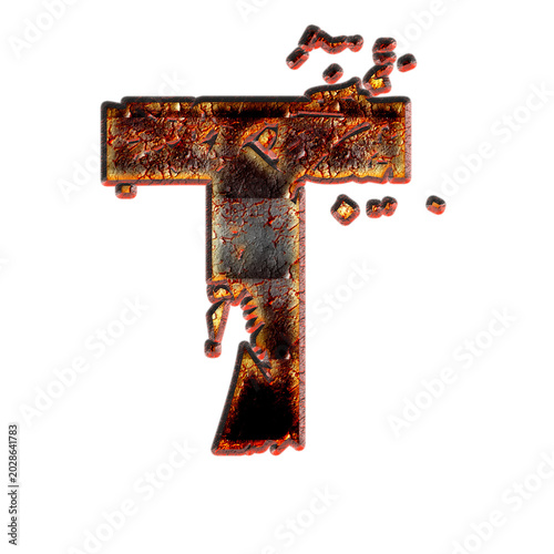 Принти на полотні 3D burnished metal letter T with fire magma and rust texture isolated on transpa