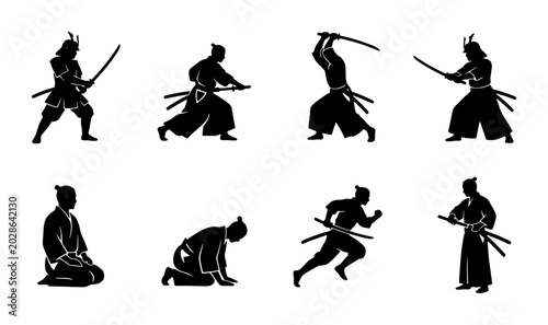 Samurai Warrior Silhouettes, Japanese Martial Arts Poses, Vector Set of Ancient Bushido Fighters in Action
