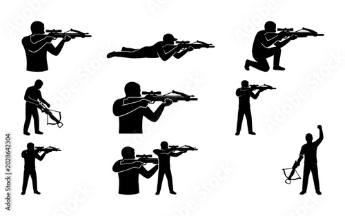 Schilderij op canvas Crossbow Silhouette Icons, Archer Poses Vector Set, Hunting and Sport Action Gra