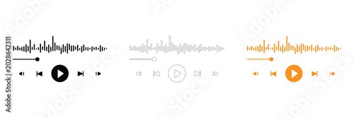 Music player icons with play buttons and sound waves on white background