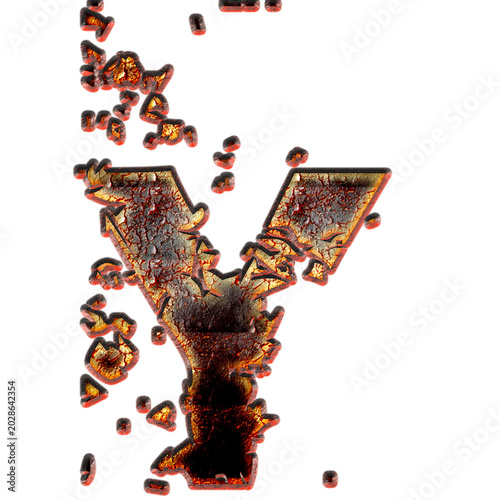 Картината върху платно 3D burnished metal letter Y with fire magma and rust texture isolated on transpa