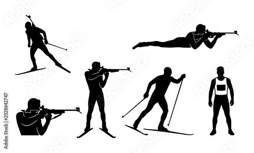 Foto Biathlon Athlete Silhouettes, Winter Sport Action Poses, Skiing and Shooting Gra