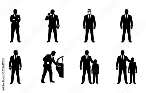 Fotografie Business Security Icons, Bodyguard Silhouettes, Personal Protection Vector Set,