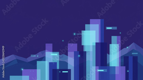 Fotografie Abstract geometric cityscape in shades of blue and purple.