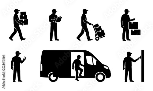Foto Delivery Service Icons Set: Courier, Package Handling, Van Loading, Logistics, S