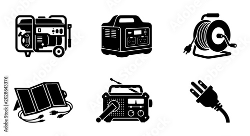 Fotografie Portable Power Solutions Set: Generator, Solar Panel, Radio, Extension Cord Reel