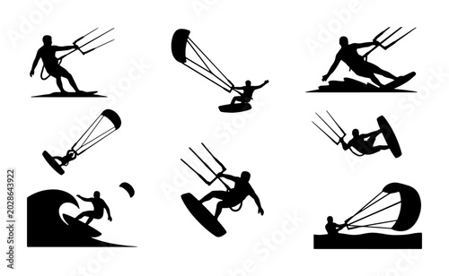 Bild auf Leinwand Kitesurfing Silhouette Icons Set, Water Sports Action Vector Graphics, Extreme W