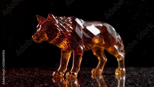 Geometric Amber Wolf Sculpture on Reflective with Dark Background
