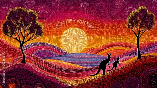 Colorful painting depicts an outback sunset with kangaroos, trees, and layered landscapes