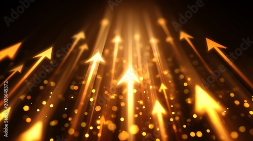 Golden upward arrows with light rays and bokeh against a dark background, representing growth