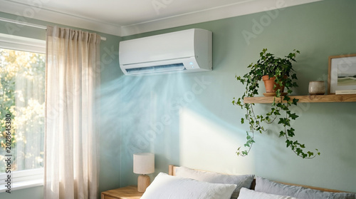 Modern air conditioning unit installed on a green wall in a cozy bedroom with a bed