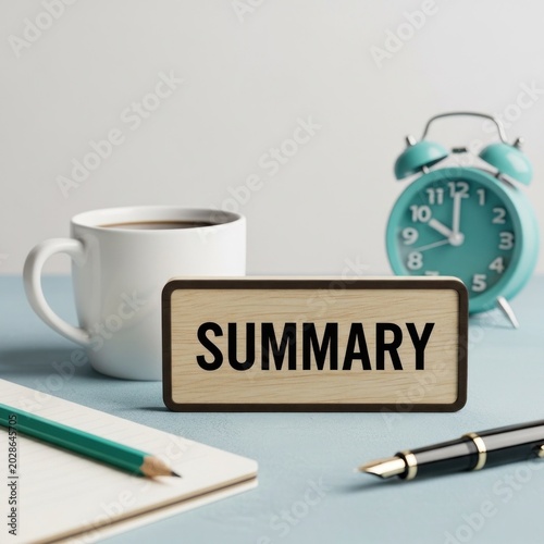 Summary table, coffee, clock, and notebook on desk