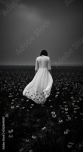 Woman in flowing white dress wanders through a field of delicate flowers under a dramatic sky.
