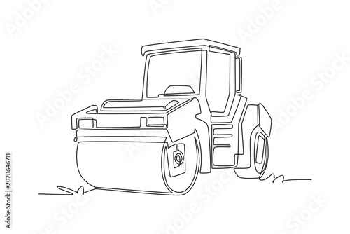 Single one line drawing heavy-duty road roller construction vehicle, detailing large front compacting drum cylinder and drivers cabin enclosure. Continuous line draw design graphic vector illustration