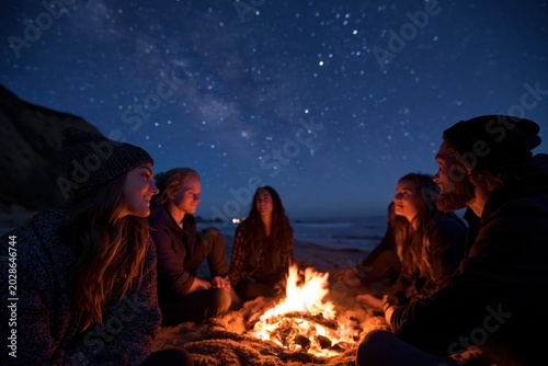 Friends enjoying beach campfire under starry night sky