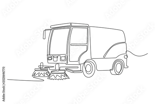Single one line drawing municipal street sweeper vehicle, highlighting its front cabin, bottom sweeping broom, and large rear storage container. Continuous line draw design graphic vector illustration