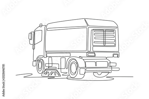 Single one line drawing back view of large street sweeper truck, showing massive storage compartment, ventilation grille, side sweeping brushes. Continuous line draw design graphic vector illustration
