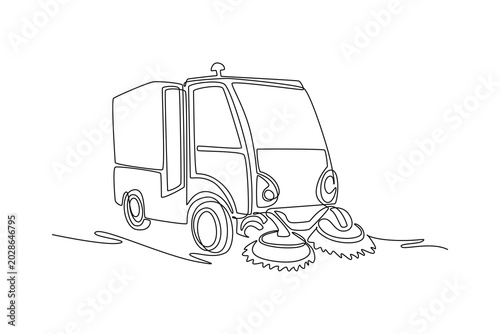 Single one line drawing compact street sweeper truck, showing the front cabin, rotating brushes at the bottom, and waste collection compartment. Continuous line draw design graphic vector illustration