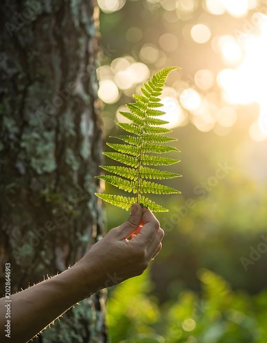 A hand holds a green fern leaf near a tree trunk in a forest
