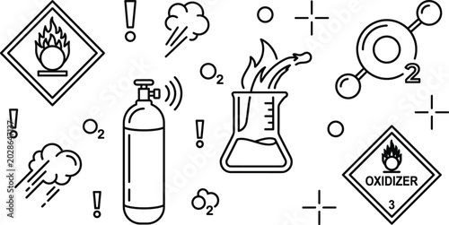 Fotografi Oxidizing Hazardous Material Safety Vector Icon Set with Gas Cylinder Oxygen For