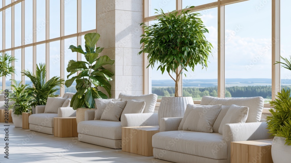 Fototapeta premium Modern waiting area with chairs and indoor plants near panoramic windows, office lobby interior concept.