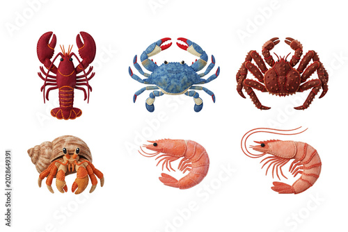 Tableau sur toile Set of crustaceans and shellfish in felt craft style featuring lobster, blue crab, king crab, hermit crab, and shrimp