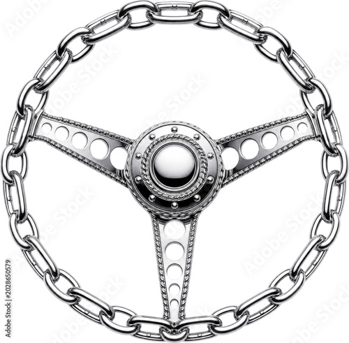 Chrome chain-link lowrider steering wheel isolated on transparent background