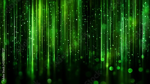 Abstract green vertical streaks with bokeh and particles, suggestive of rain or light