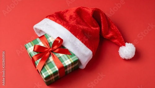 Festive Christmas gift box nestled under a Santa hat on a vibrant red background