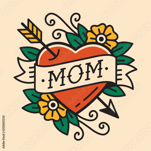 Traditional Mom Heart with Arrow Tattoo