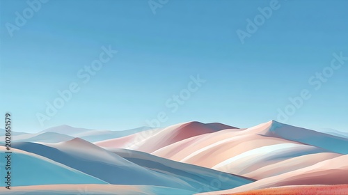 Abstract landscape painting of pastel-colored layered dunes under a clear, bright blue sky