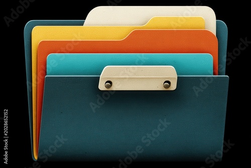 Stacked colorful file folders with textured surface isolated