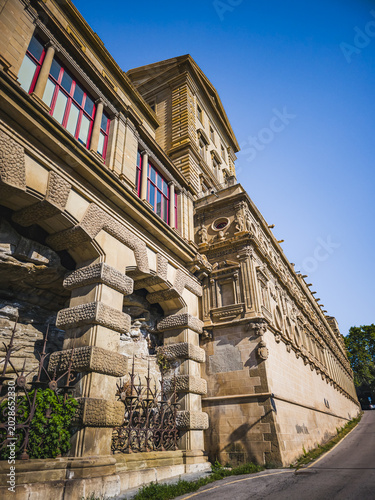 Manresa, Spain - October 1, 2025: Dramatic architectural perspective of the Sanctuary of the Cave of Saint Ignatius in Manresa, Catalonia, Spain. Historic Jesuit pilgrimage complex with ornate stone 