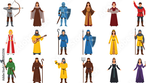Photography Medieval People Character Icon Set with Flat Vector Illustrations of Historical