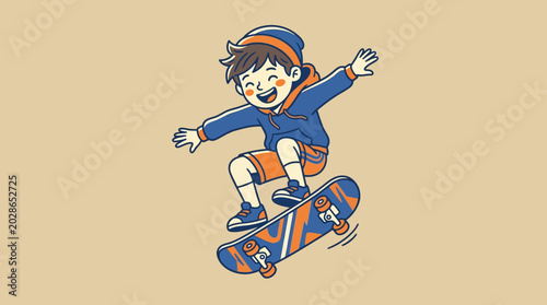 Fotografi Joyful kid skateboarding mid-air