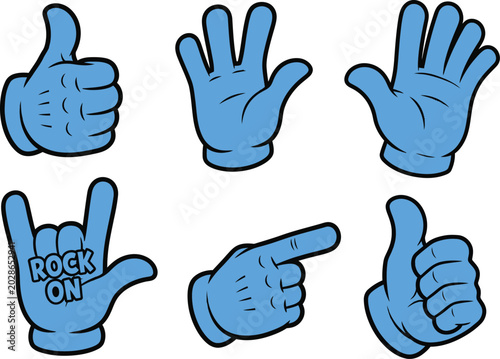 A set of six cartoon blue hands making different gestures